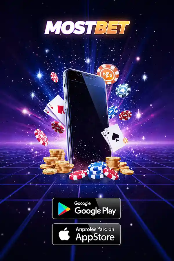 MOSTBET App promocional con elementos de casino